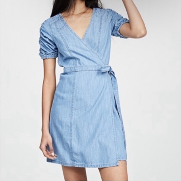 Madewell Dresses & Skirts - Madewell Denim Shirred-Sleeve Wrap Dress Elsworth Size XXS